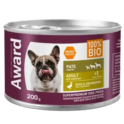 AWARD Консервы для взрослых собак, паштет из утки с брусникой, 200 г