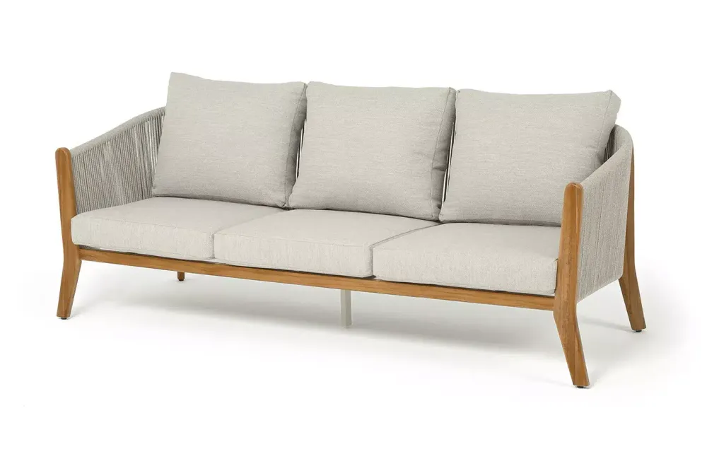 "Сидней" диван 3-местный плетеный из роупа, основание тик, каркас алюминий бежевый, роуп бежевый, ткань бежевая