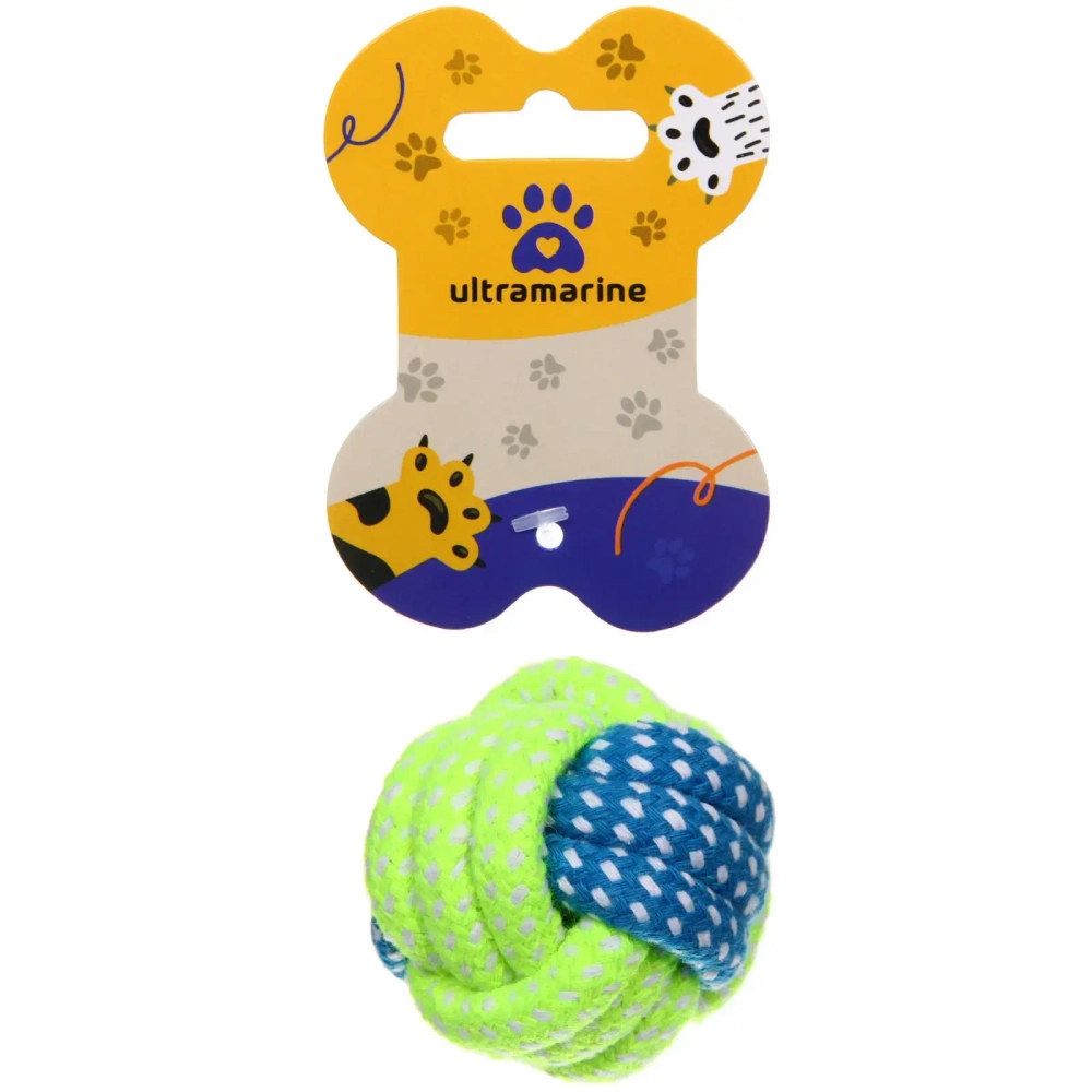 Игрушка - мячик для собак средних и мелких пород «КАНАТНЫЙ ИГРУЛИК», желтый/синий, d-6см (лейбл)