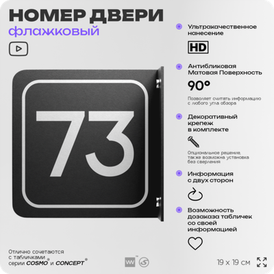 Табличка флажковая с номером 73 на дверь квартиры, для офиса, кабинета, аудитории, склада, черная двустороняя 19х19 см, Айдентика Технолоджи