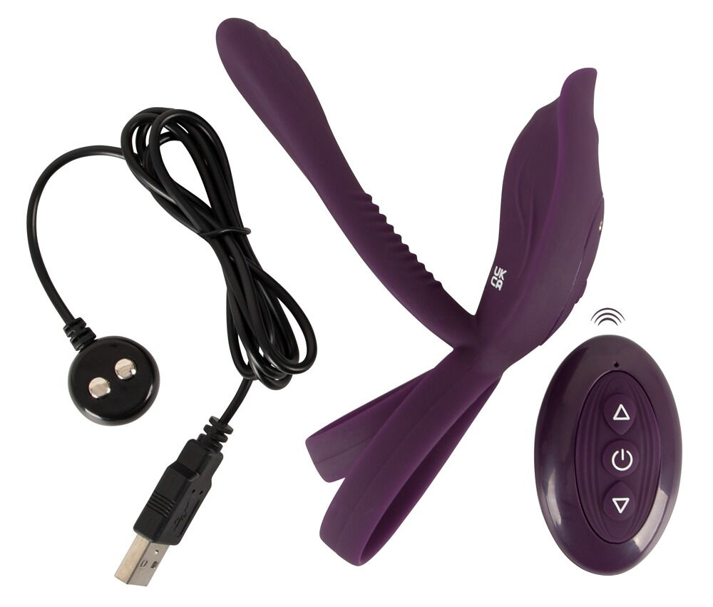 Фиолетовая насадка на член с клиторальным отростком и пультом ДУ RC Couple’s Vibrator 2