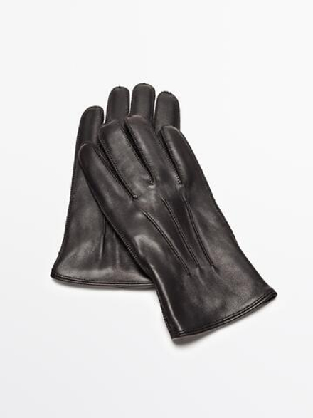 Massimo Dutti Кожаные перчатки с отделкой из кожи наппа, коричневый