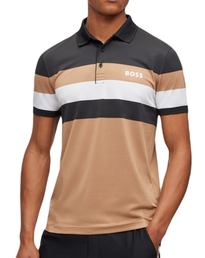 Мужское теннисное поло BOSS x Matteo Berrettini Slim-fit Striped Polo Shirt - beige