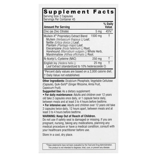 Nature's Answer, MulleinX® Respiratory, NAC и цинк, 90 вегетарианских капсул