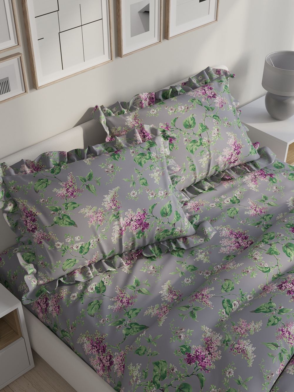 Декоративная наволочка с рюшами, оборками "Сирень" 50х70 см, 1 шт, без молнии