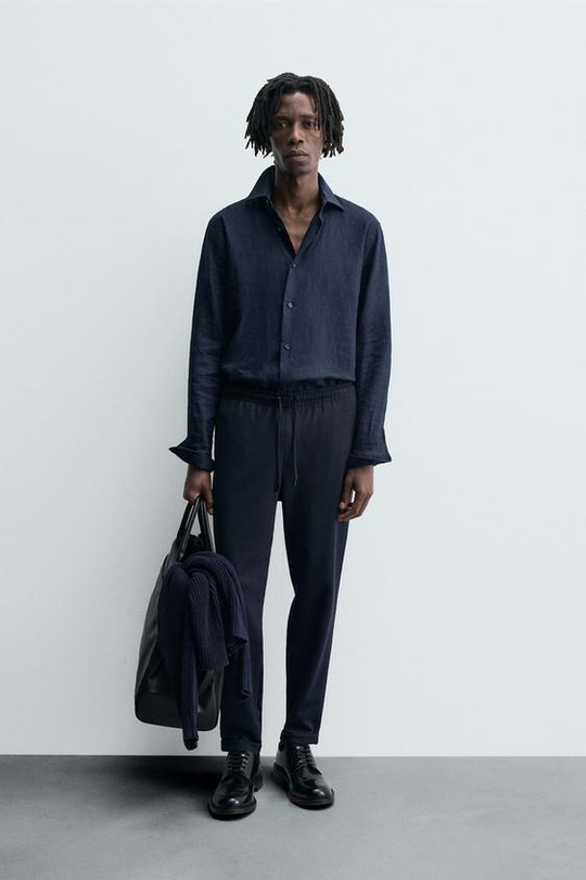ZARA БРЮКИ EASY CARE С ПОЯСОМ НА ШНУРКЕ, СИНИЙ