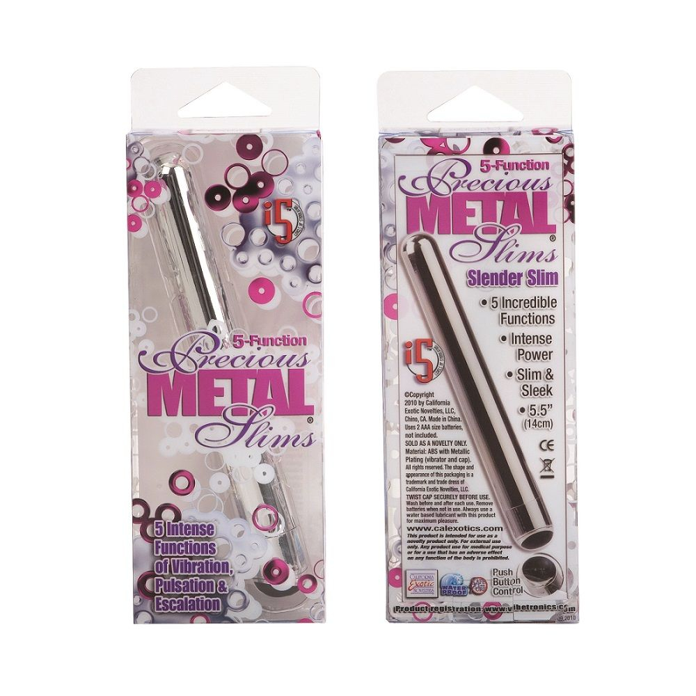 Серебристый тонкий вибромассажёр 5-FUNCTION PRECIOUS METAL SLIMS SILVER - 14 см. (Цвет: серебро)