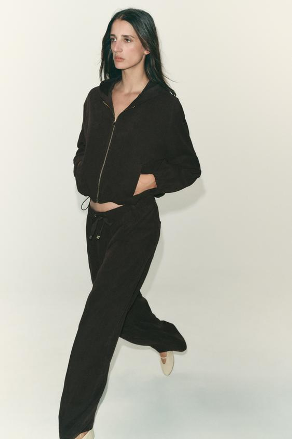 ZARA БРЮКИ WIDE LEG, ТЕМНО-КОРИЧНЕВЫЙ