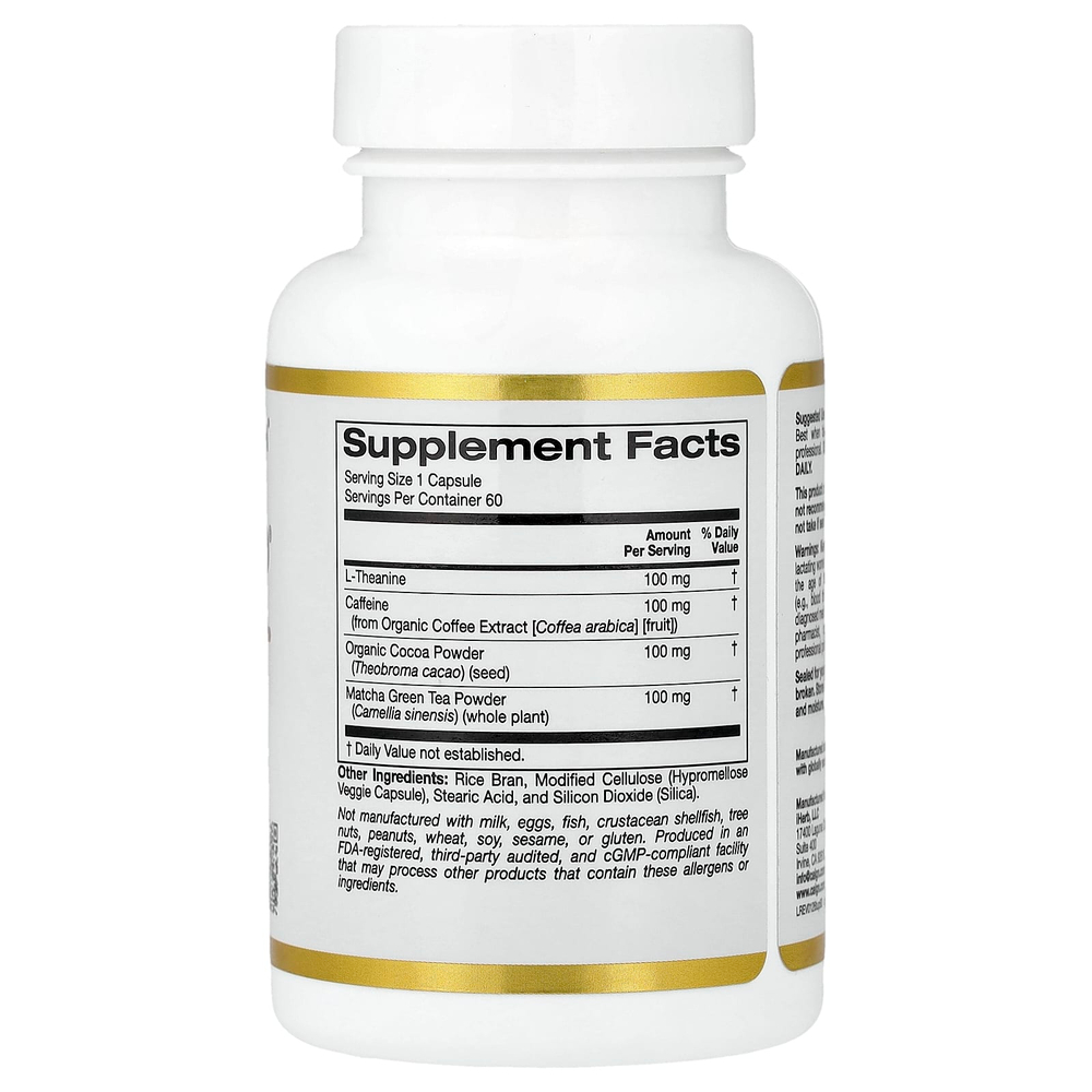 California Gold Nutrition, TheanineUP®, L-теанин, кофеин, какао и матча, 60 растительных капсул