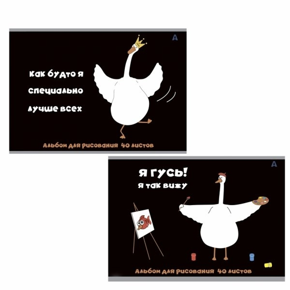 Альбом для рисования А4 40л., Alingar, на скрепке, мелованный картон (стандарт), 100 г/м2, "Гуси", 2 дизайна в пленке т/у