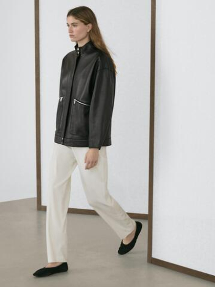 Massimo Dutti Куртка из кожи наппа с карманами, черный