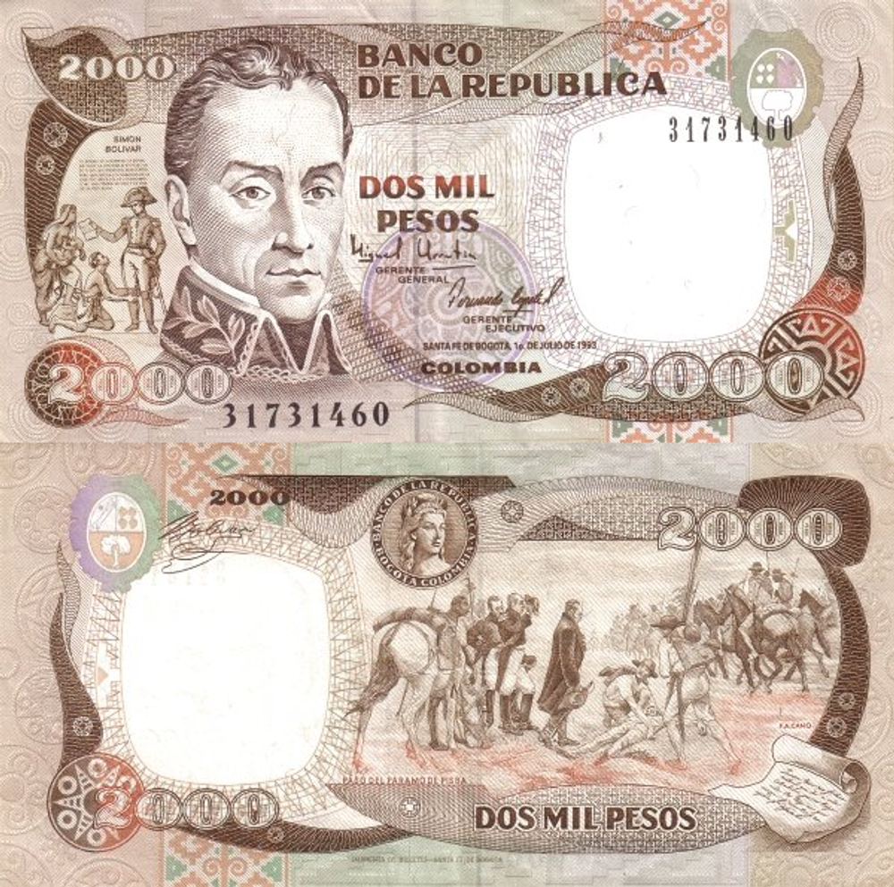 Колумбия 2000 песо 1993-1994 Симон Боливар UNC
