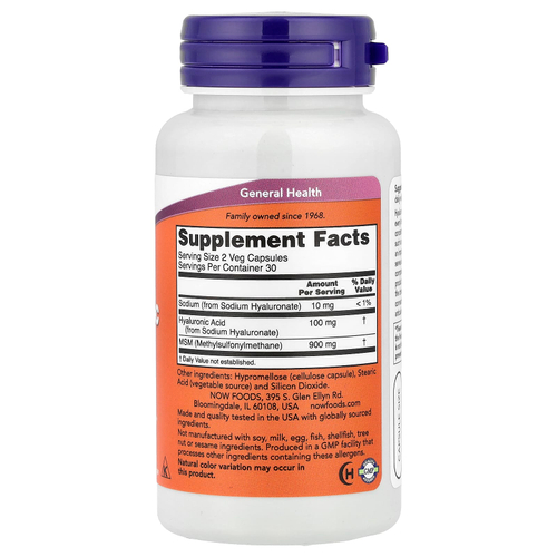 NOW Foods, гиалуроновая кислота с МСМ, 60 растительных капсул