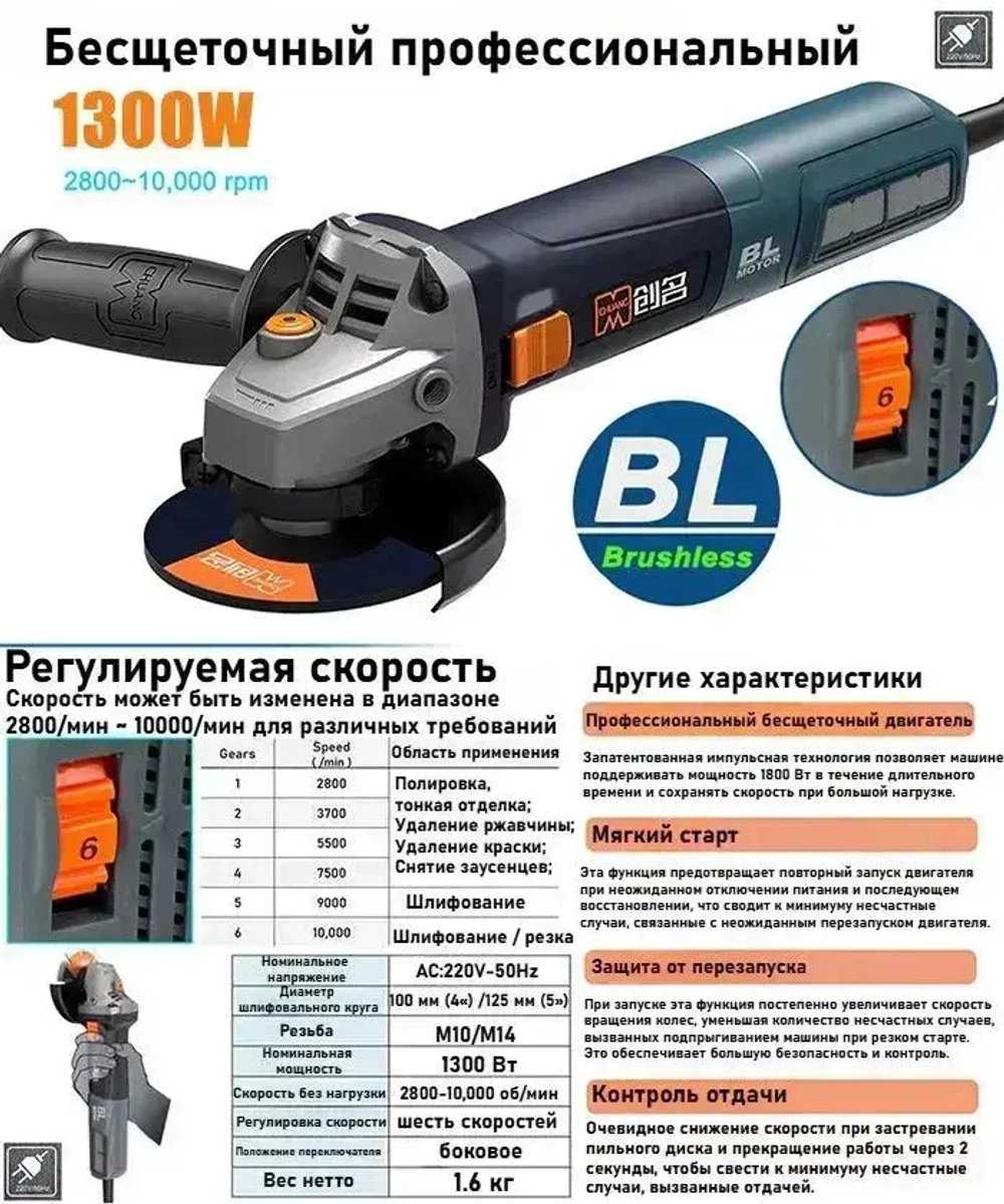 CA1013T Бесщеточная Угловая Шлифовальная Машина, 125 Мм, 5 Дюймов, 1300 Вт, 6-ступенчатая Коробка Передач 220 В, Для Резки Плитки И Камня