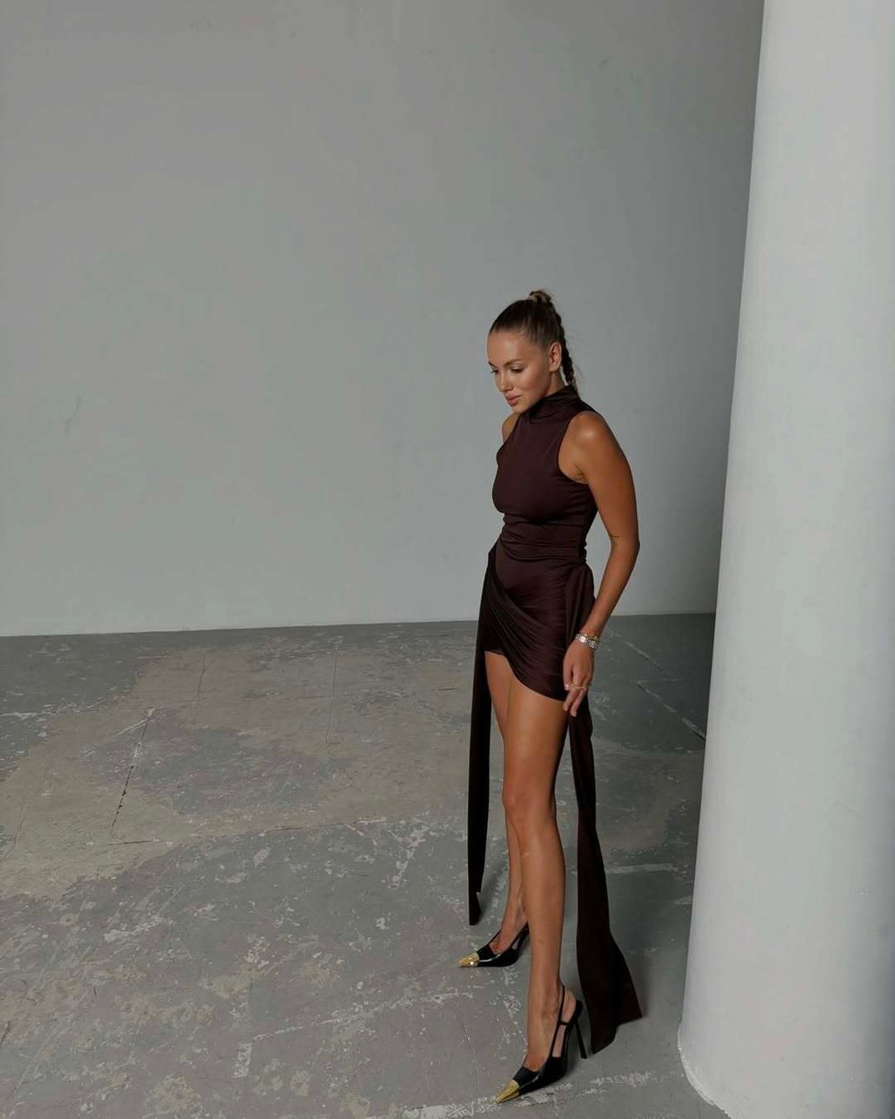 Платье с лоскутками, коричневый