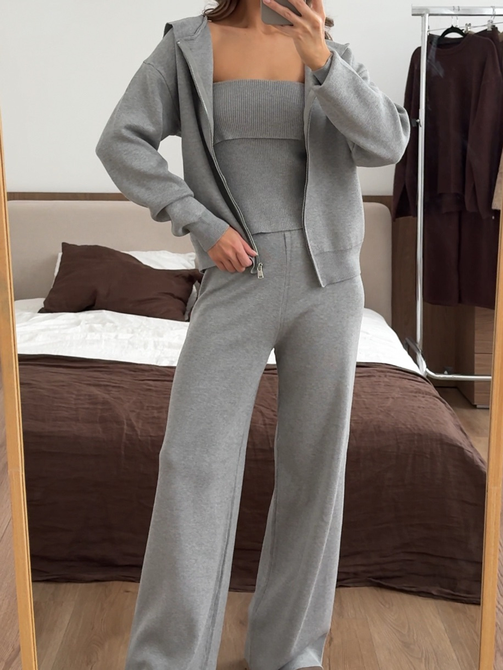 Комплект тройка вязаный, топ без лямок, брюки и худи с капюшоном