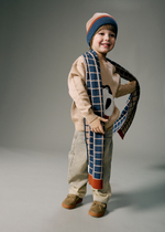 Шарф вязаный "Клетка" (теплый беж + синий)