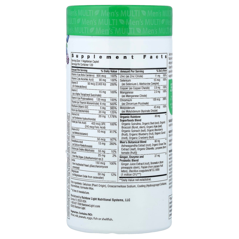 Rainbow Light, Men's One®+, питательные вещества из натуральных продуктов, 120 вегетарианских капсуловидных таблеток