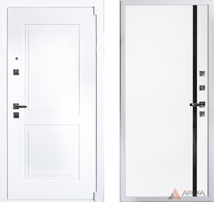 Входная белая металлическая дверь  Нео Вайт Гладкая 15 Софт белый, молдинг черный, без текстуры (фурнитура ХРОМ блестящий)