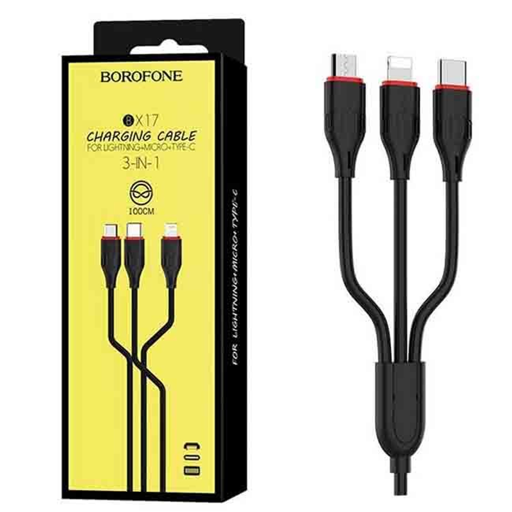 Кабель USB BOROFONE BX17 3 в 1 для iPhone/Micro/Type C (черный) 1m