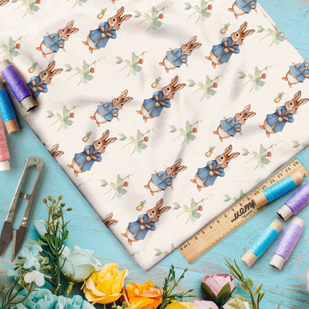 Ткань премиум бифлекс зайцы в редких ягодах