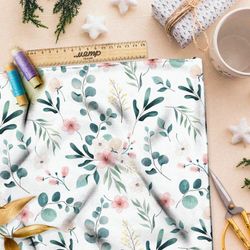 Ткань кулирная гладь нежные розовые цветы и полевые листья