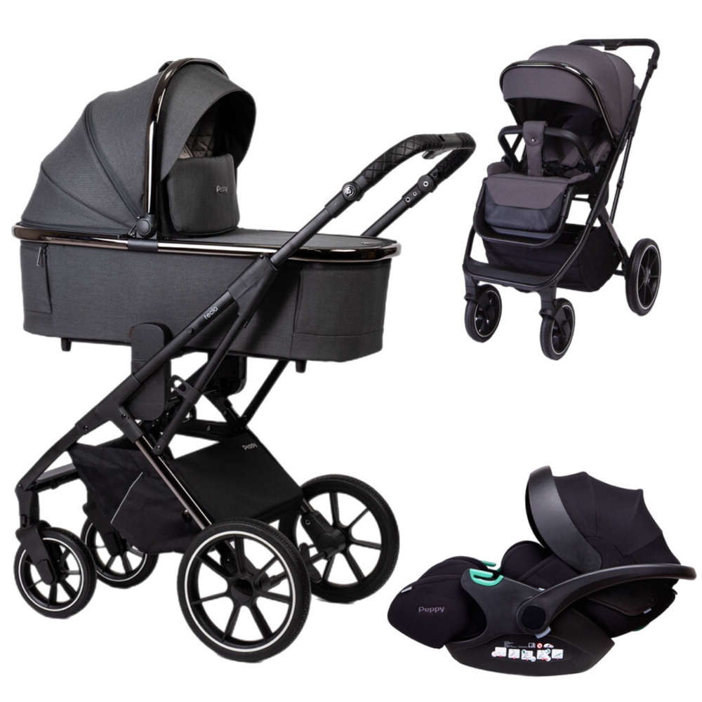 Детская коляска Peppy Tecla 3 в 1 с автокреслом Verona Black Shadow Antrazit Chrome Edition Графитовый