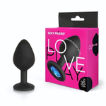 Черная силиконовая анальная втулка с голубым кристаллом - 8 см. (Цвет: голубой)