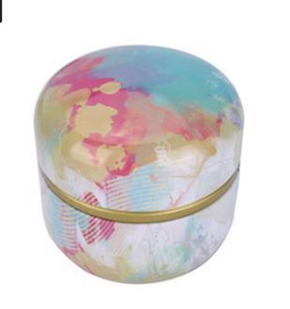 269010.3 Банка ЦВЕТЫ "Разноцветные облака" двойная крышка, h=8,5см, d=8,5см, жесть голубой