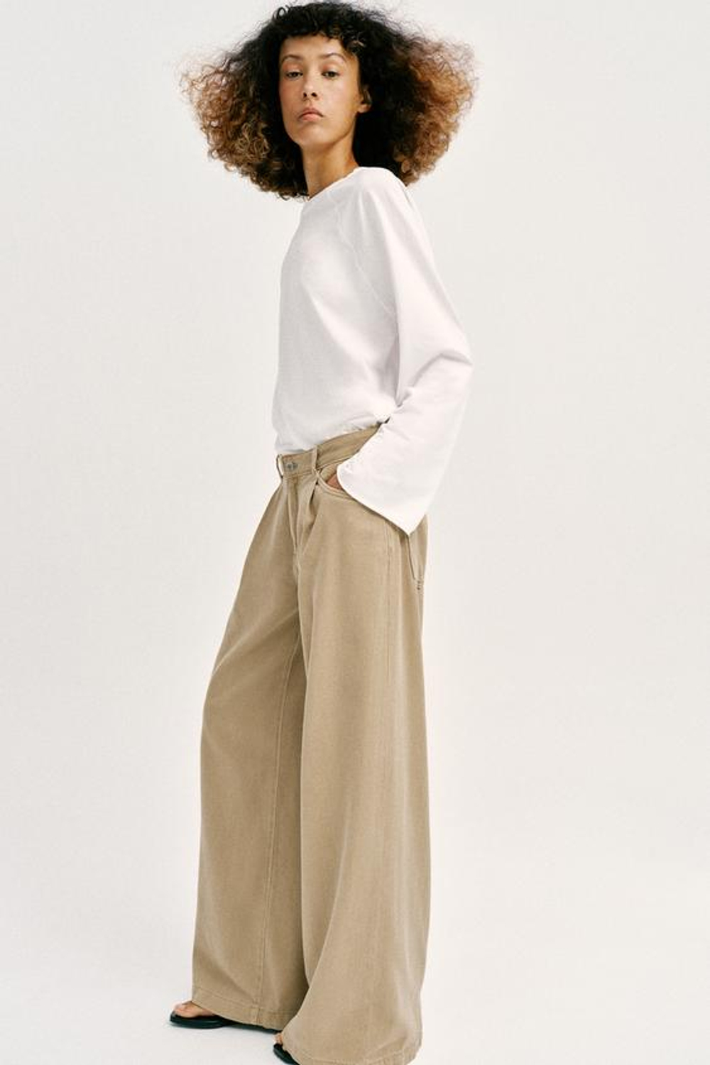 ZARA ДЖИНСЫ Z1975 WIDE LEG С ВЫСОКОЙ ПОСАДКОЙ И ЗАЩИПАМИ, ПЕСОЧНЫЙ