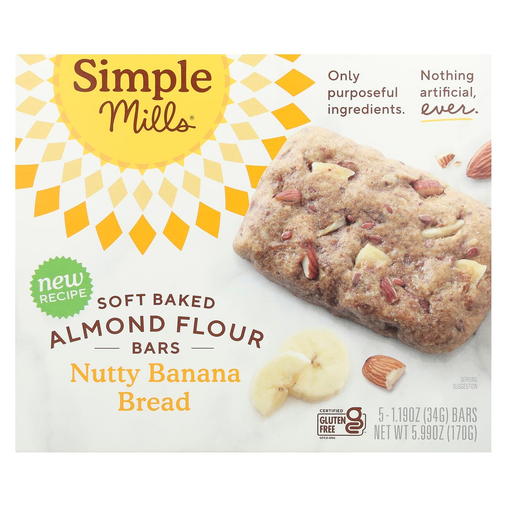 Simple Mills, Мягкие батончики из миндальной муки, банановый хлеб с орехами, 5 батончиков по 34 г (1,19 унции)