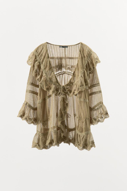 ZARA ТОП ИЗ ПОЛУПРОЗРАЧНОЙ ТКАНИ С ВЫШИВКОЙ И ВОЛАНАМИ, КАМЕННО-СЕРЫЙ