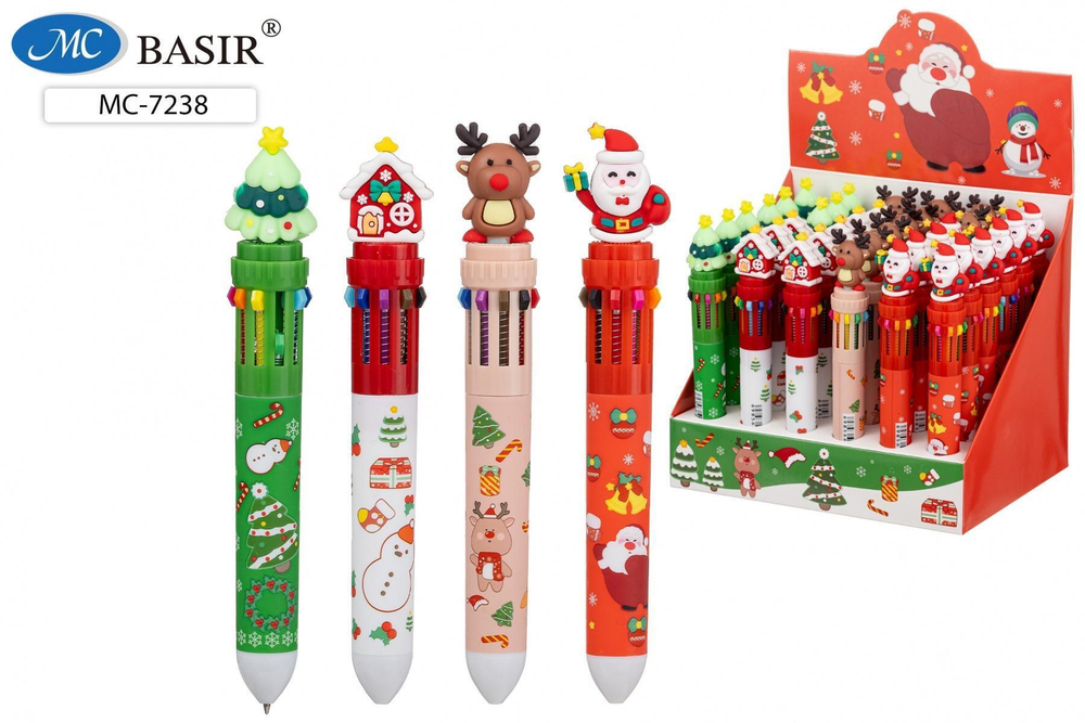 Ручка шариковая автоматическая 10-ти цветная "Новогодние" в ассортименте (Basir)