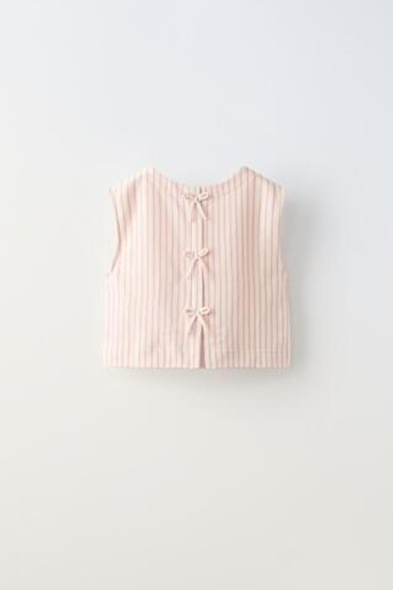 ZARA ТОП В ПОЛОСКУ С БАНТАМИ, РОЗОВЫЙ