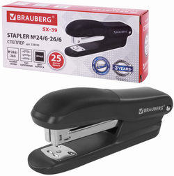 Степлер №24/6, 26/6 BRAUBERG "SX-39", до 25 листов, черный, 228590