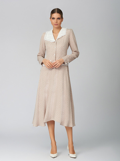 Платье миди с белым воротником в горох