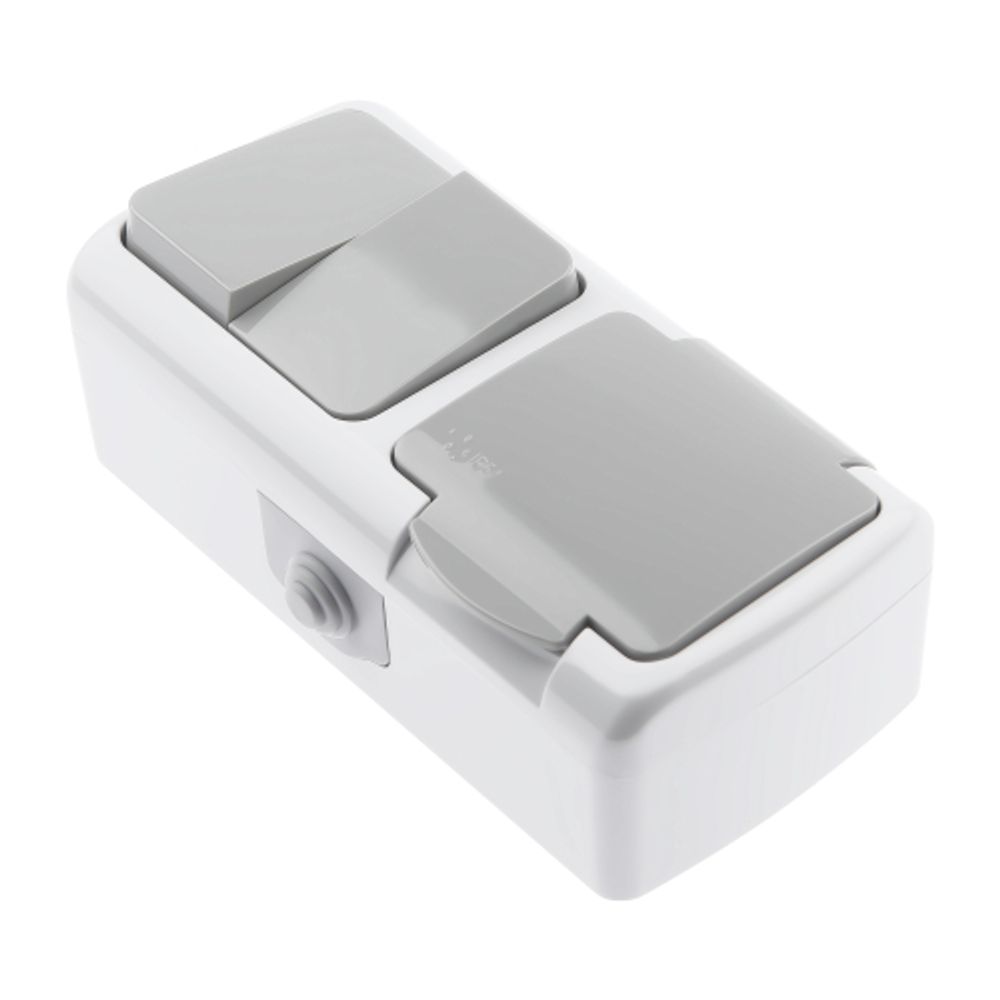 Блок розетка с выключателем Intro Atlantic 5-702-03 двойным 2P+E 10-16А-250В открытой установки гориз. IP54 серый