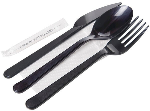 Комплект одноразовых приборов "5" (вилка, ложка, нож - черные, зубочистка, салфетка белая 1-слойная 24х24 см), 300 штук