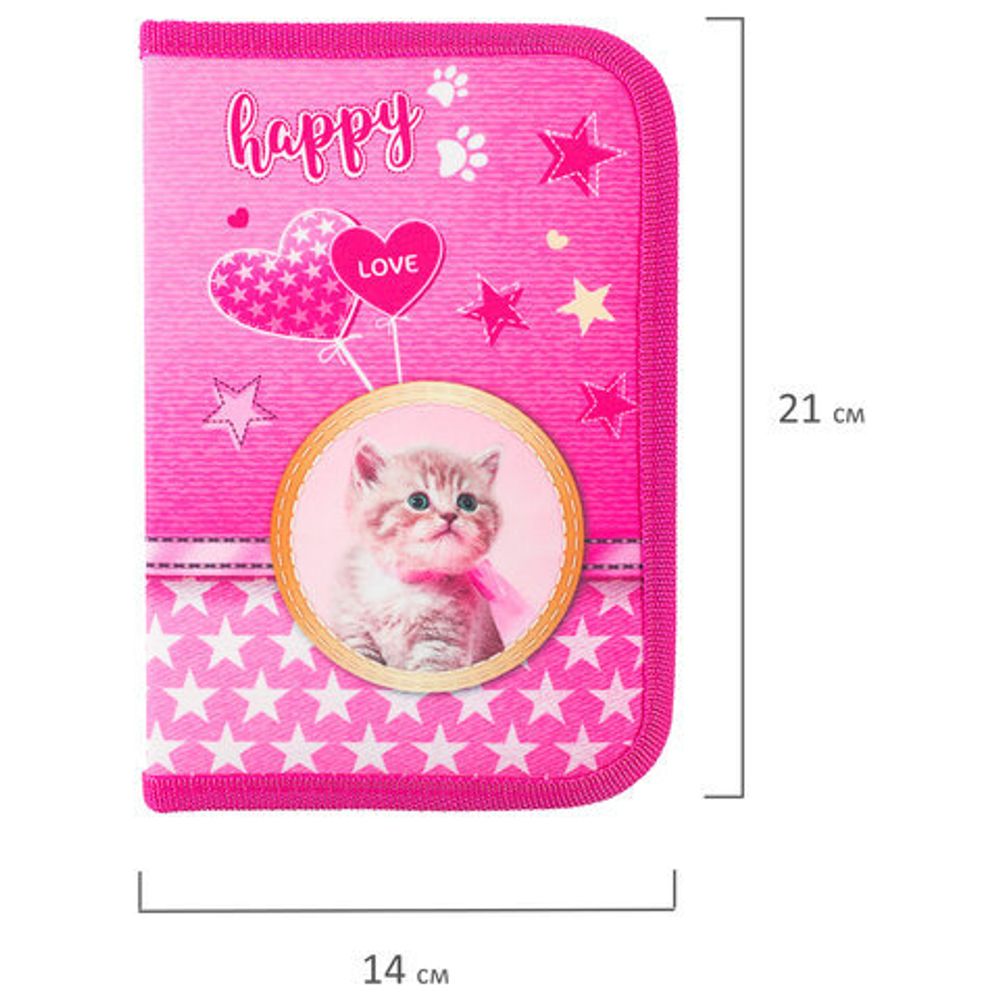 Пенал BRAUBERG, 1 отделение, 1 откидная планка, полиэстер, 21х14 см, "Happy kitten", 270308