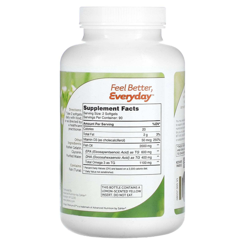 Zahler, Omega 3 Platinum+D, улучшенный рыбий жир с омега-3 и витамином D3, 2000 мг, 180 мягких таблеток (1000 мг на капсулу)