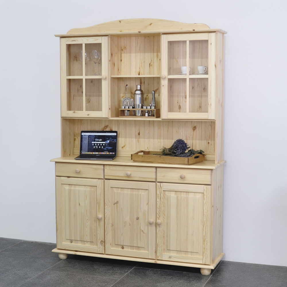 Буфет шкаф для кухни Лена двухдверный из сосны с 3 полками (верхняя часть буфета Лена), в натуральной отделке