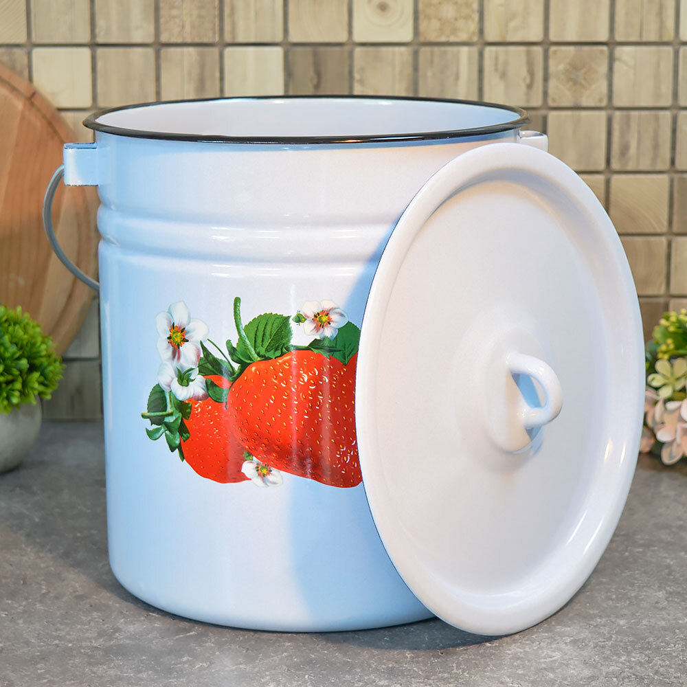 Ведро 12л эмалированное цилиндр. с крышкой с рисунком