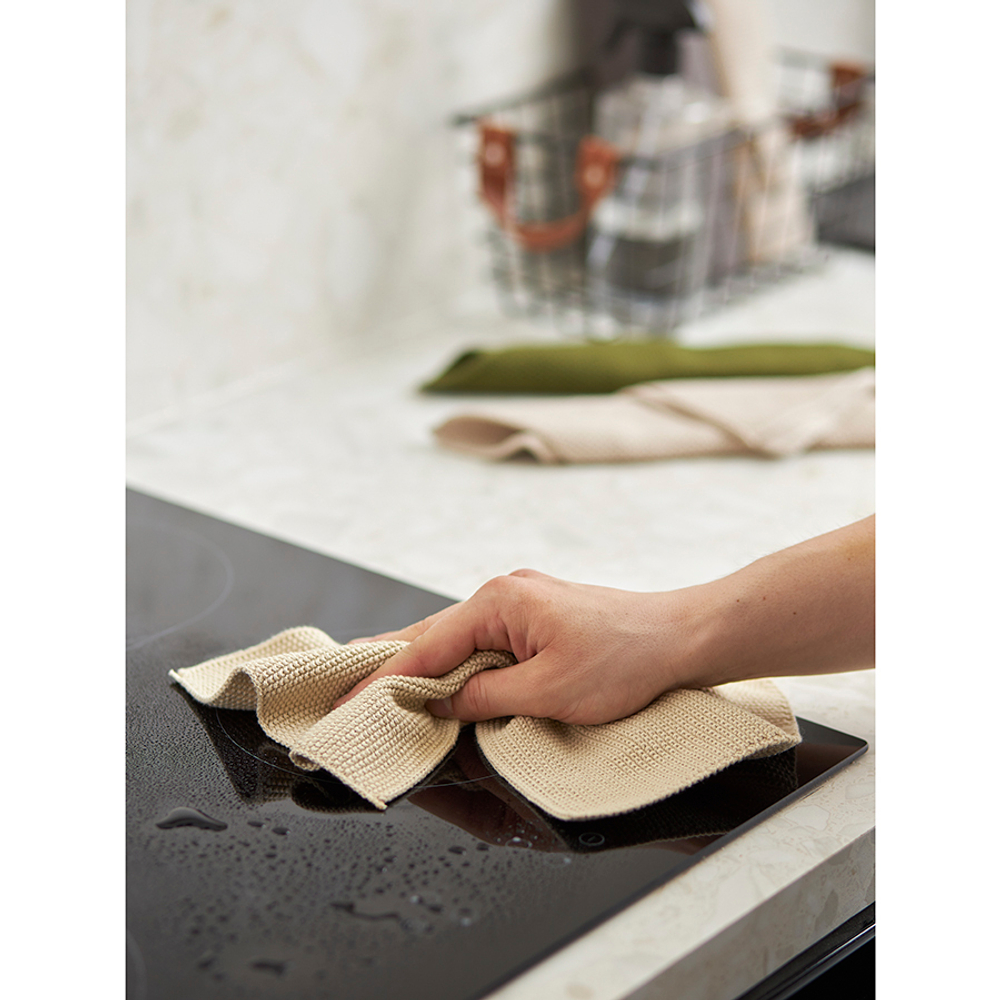 Набор из трех вязаных салфеток для уборки и мытья посуды бежевого и оливкового цветов из коллекции essential, 28х28 см