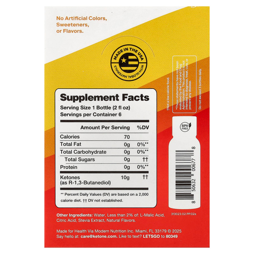 Ketone-IQ, Energy Shot, персик, без кофеина, 6 флаконов по 59 мл (2 жидк. унции)