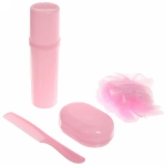 Набор банный дорожный 4шт «Traveler - Teddy bear», (мочалка, футляр 2шт, расческа), розовый, 20*12*5,5см