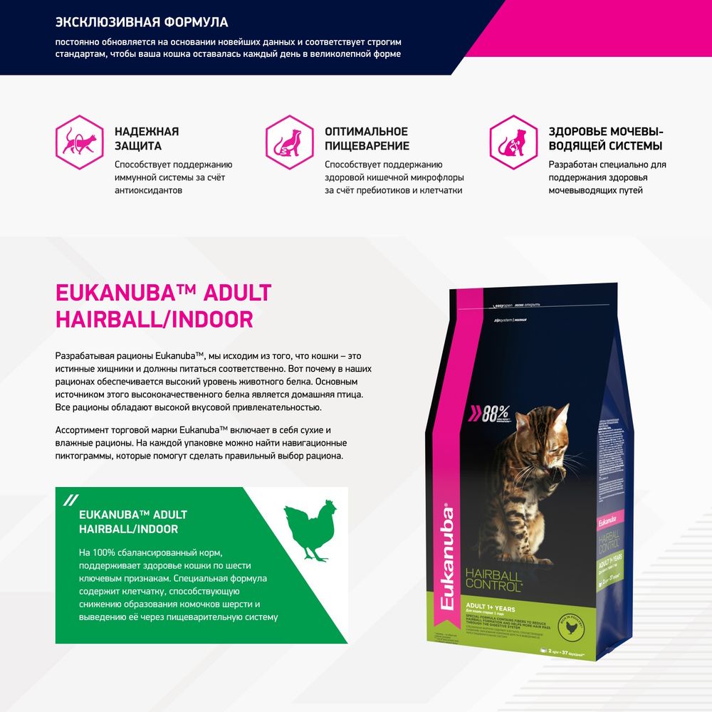Сухой корм Eukanuba Hairball Control для кошек для снижения образования комочков шерсти и их выведения