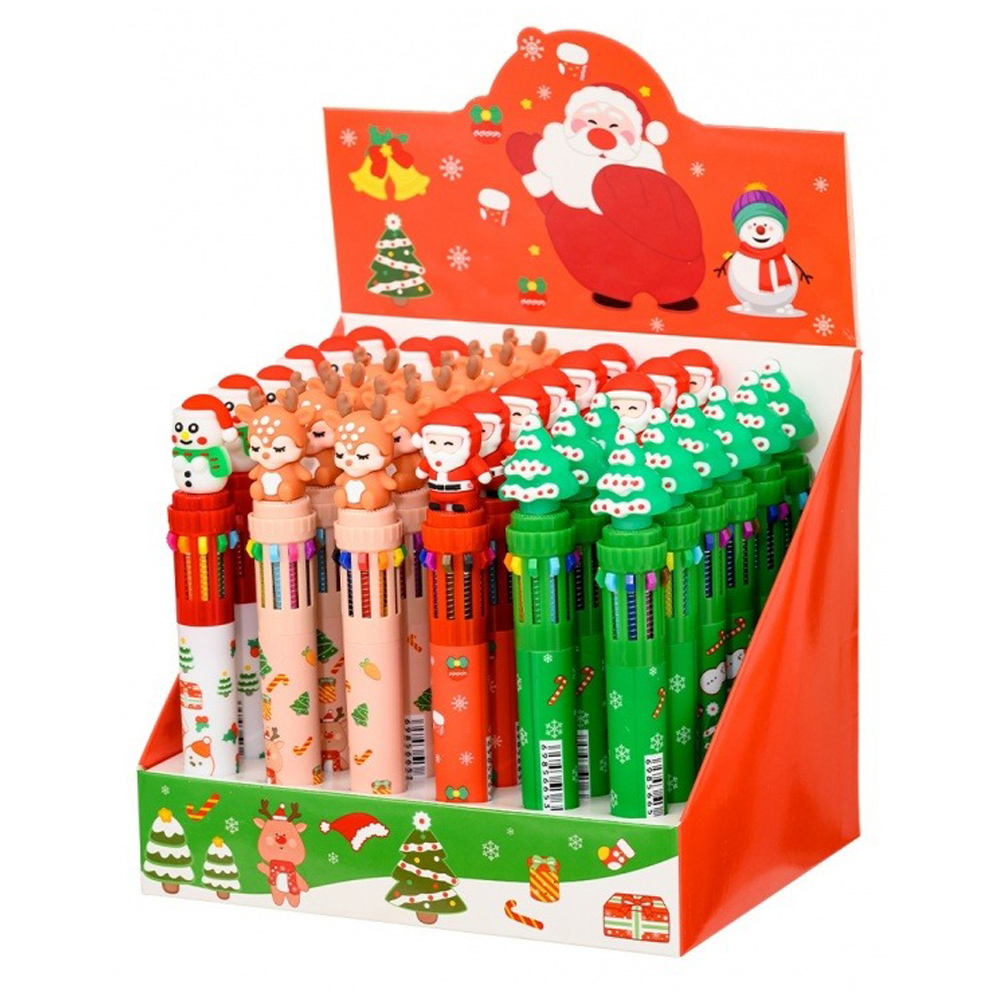 Ручка шариковая, автоматическая, 10в1, Basir, серия "НОВОГОДНИЕ", 10-ти цветная, с резиновой фигуркой, 36 шт