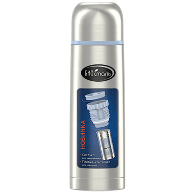 Термос 0.75л Биосталь NB-750Z с узкой горловиной Пробка с ситичком Серый (28ч соохраняет тепло) 80х290мм Вес 0.490кг