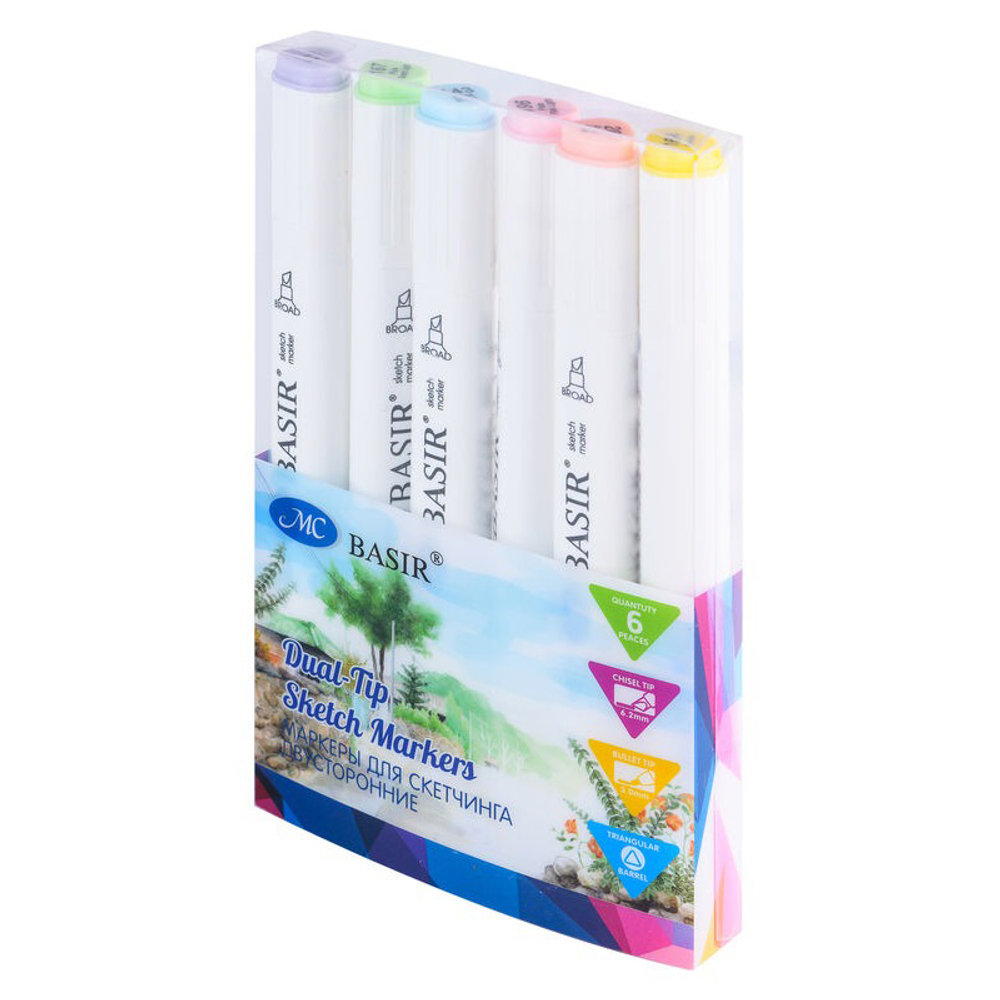 Маркер для скетчинга, двусторонние, Basir, серия "Пастельные тона", трёхгранные, 14 мм, спиртовые, 6 шт