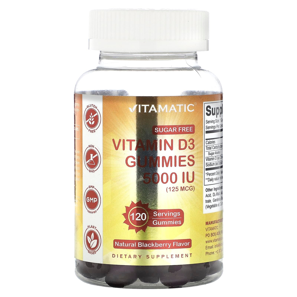 Vitamatic, Жевательные таблетки с витамином D3 без сахара, натуральная ежевика, 125 мкг (5000 МЕ), 120 жевательных таблеток